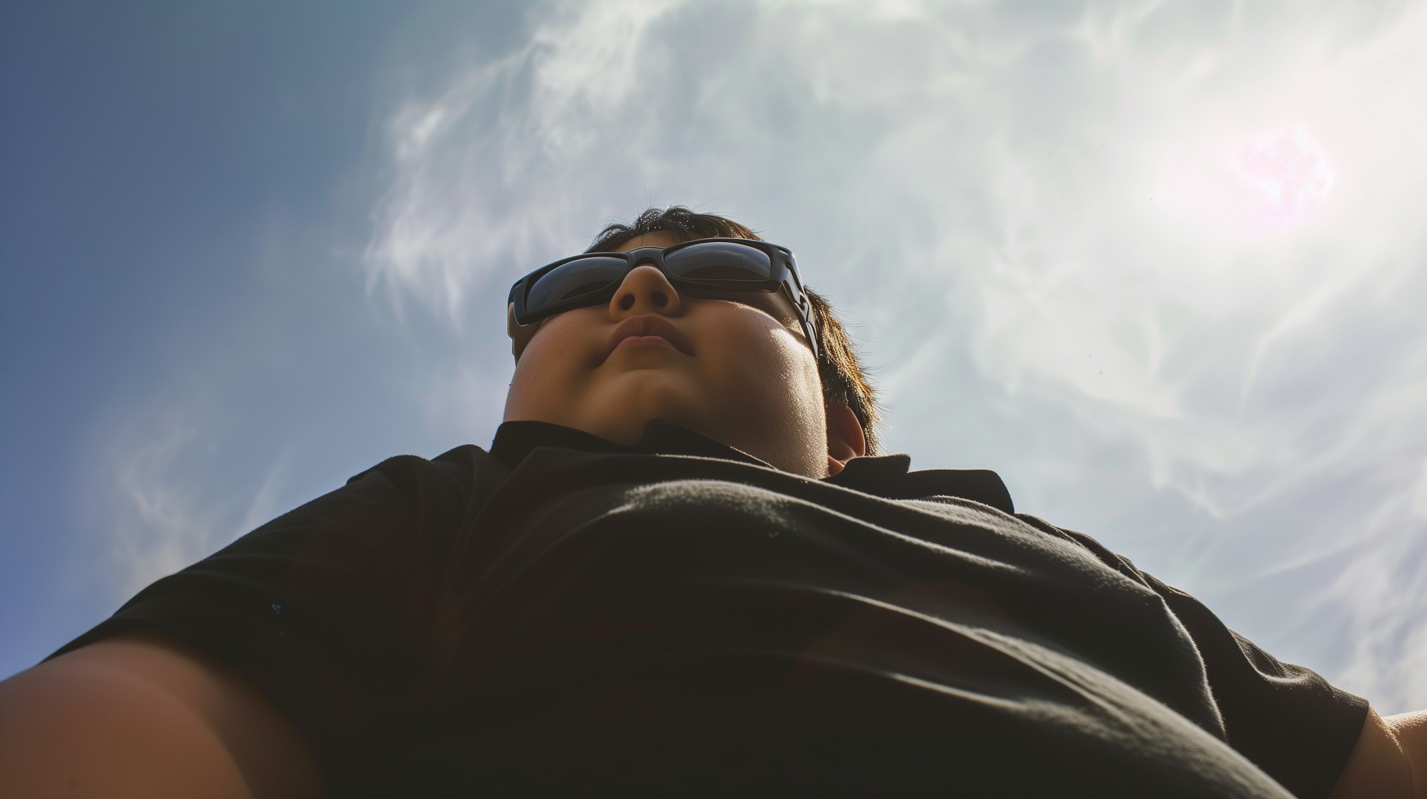 low-angle photo from below, of an overweight boy wearing sunglas